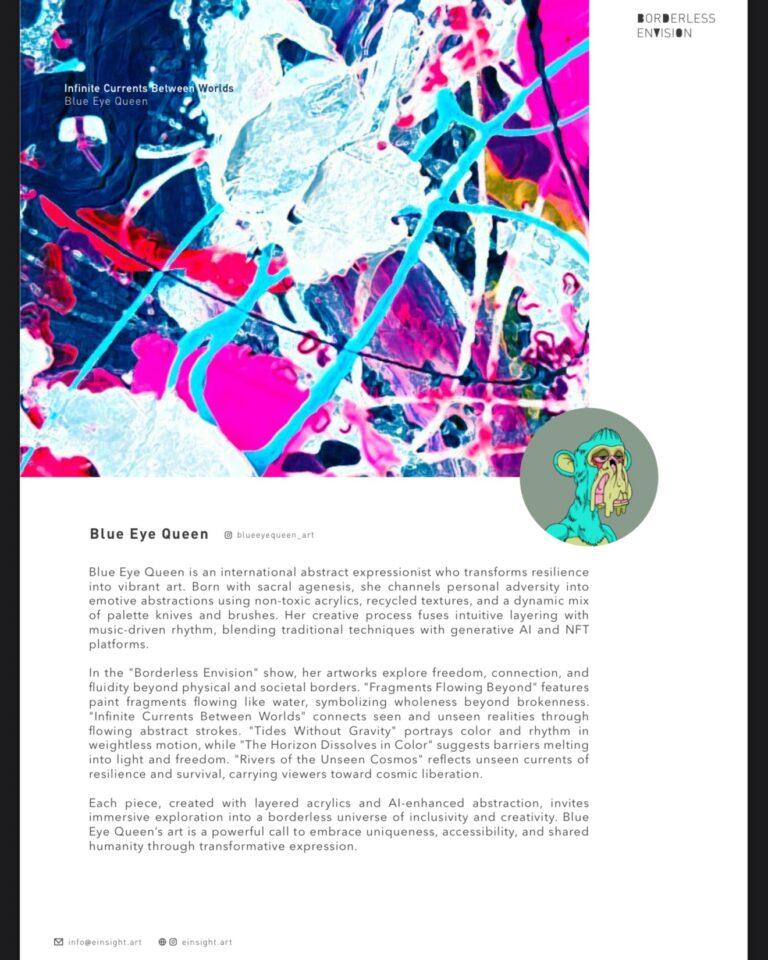 Borderless Envision: Blue Eye Queen 🌎⠀ A catalog that transcends borders — where color becomes language and resilience turns into rhythm. Each abstract painting in this Einsight Art Collection merges handmade acrylics with generative AI, forming universes that explore accessibility, emotion, and creative freedom.⠀ ⠀ From “Fragments Flowing Beyond” to “Shadows Melt Into Constellations,” these works celebrate art as liberation — fluid, inclusive, and infinite.⠀ ⠀ @einsight.art @missydi⠀ #generativeai #abstractart #borderlessenvision #blueeyequeen #accessibleart